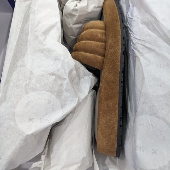 NWT P448 | Women's Fergie Platform Slide Sandals in Cognac Suede - Picture 8 of 14